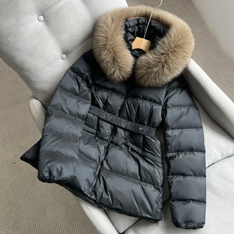 

FASHION 2023 Winter Women Ultra Light Puffer Jacket Luxury Real Fox Fur Hooded 90% White Duck Down Coat Female Warm Slim Parkas
