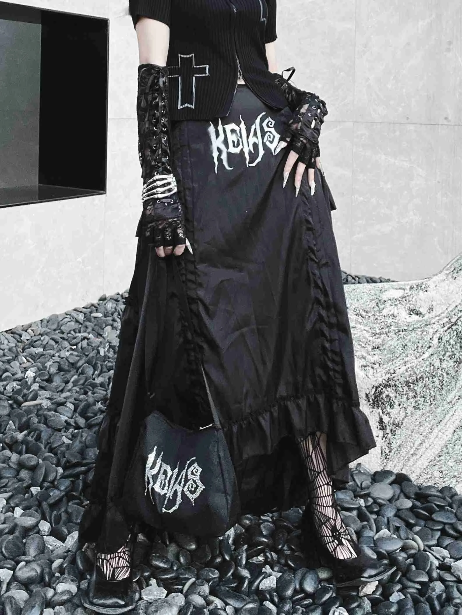 Gothic Skirts Fashion Women Goth Skirt High Waist Letter Printing Patchwork Lace Up Gothic Ladies Skirt For Autumn Female