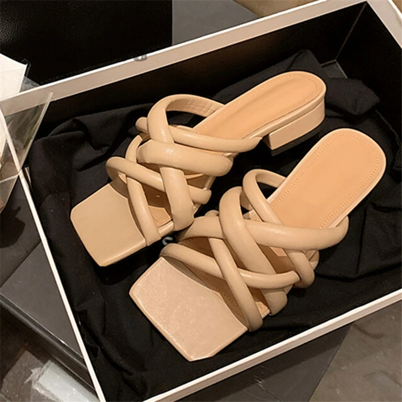 French Style Square Toe Pumps Cross Strap Thick Mid-Heel Open Toe Sandals Women's Summer Outer Wear Slippers Dress Mules Shoes
