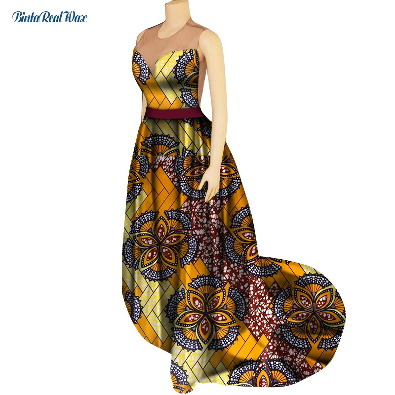 African Print Dresses for Women Yarn Strap Trailing Dress Party Vestidos Long Dresses Traditional Lady African Clothing WY5474