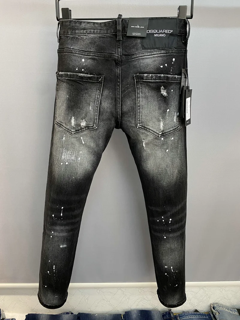 New DSQUARED2 Jeans Men/Women Fashion Ripped Zipper Decoration Slim Stitching Paint Feet Pants