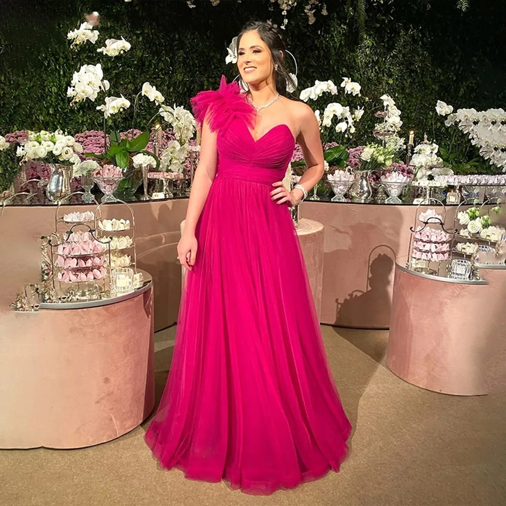 

ANGELSBRIDEP Fuchsia One Shoulder Prom Dresses A Line Beach Summer Tulle Women Formal Evening Night Pageant Gowns Plus Size