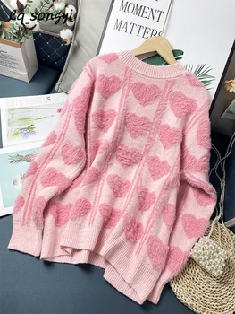 Pink Mohair Sweaters Heart Jacquard Knitted Pullovers 2022 Autumn Winter Sweet Warm O Neck Jumper Lq_songyi LQ2