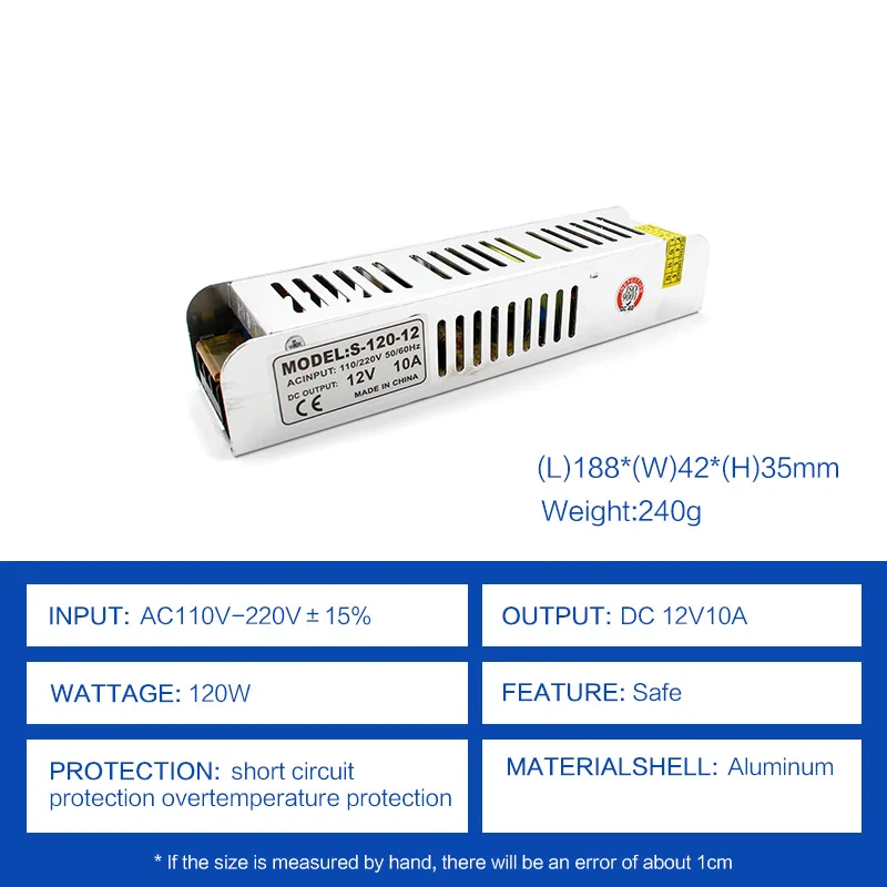 

LED Driver Lighting Transformer 220V AC TO 12V DC 10A 120W LAB Long Bench Power Supply 12V Volt DC Source For LED Strip Lights