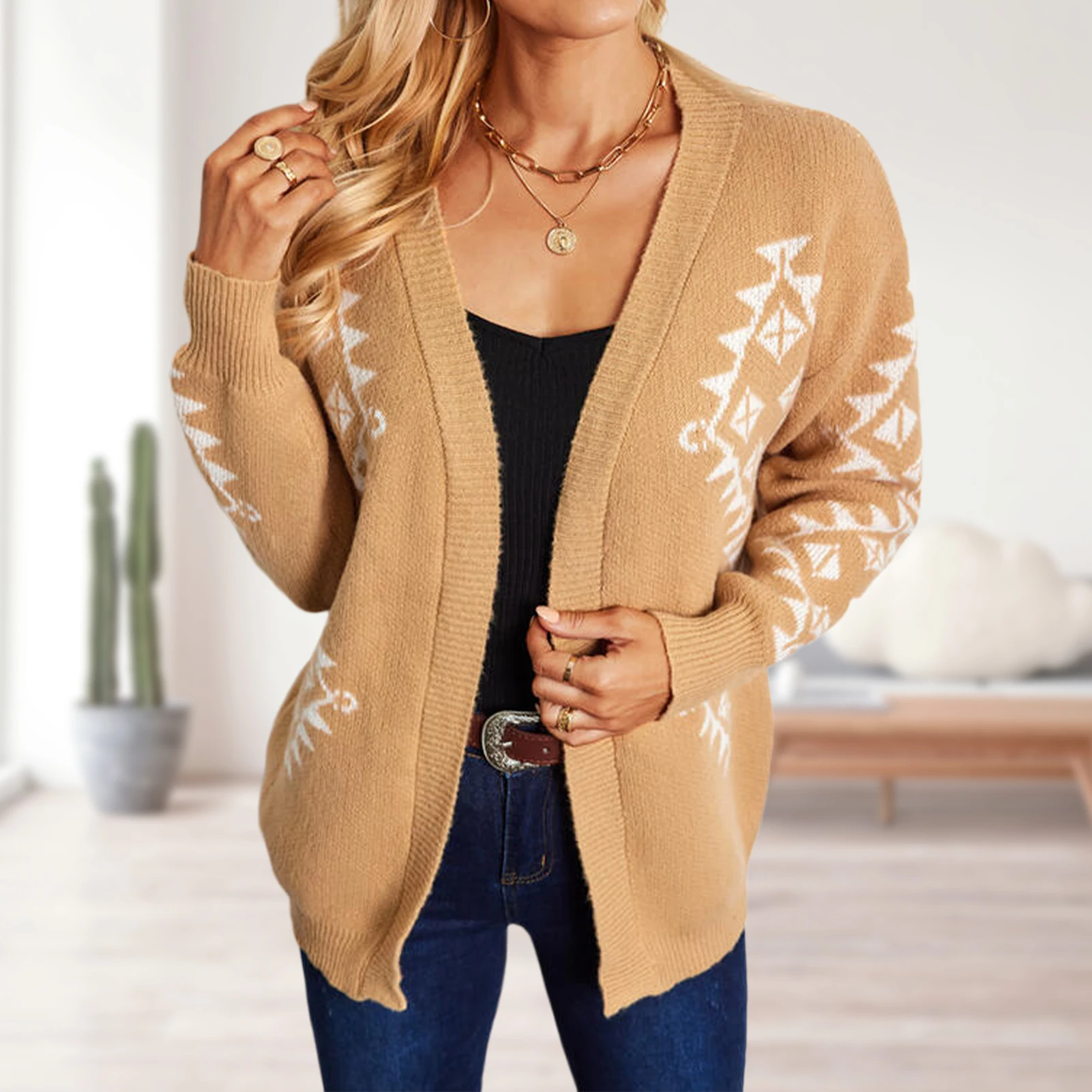 

Women Autumn Simple Cardigan Outer Wear Print Knitted Coat Top Long Sleeve Loose Knit Sweater Open Stitch Daily Wear Streetwear