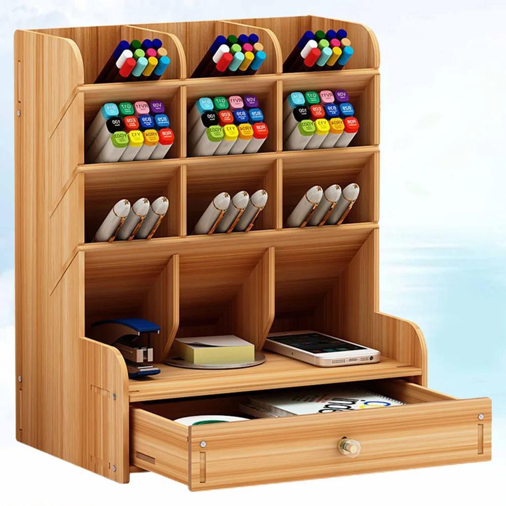 

Wooden Desk Storage Organizer Holder Pen Shelf File Rack Desktop Sorter Wood Office Box Tabletop Marker Cup Crayon Mail Document