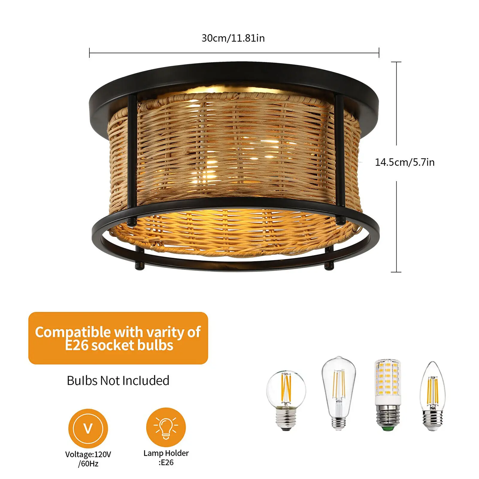 

Rustic Rattan Pendant Light Fixture Bamboo Wicker Ceiling Lamp Fixture 110V For Porch Patio Hallway Flush Mount