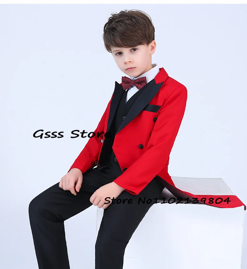 Red Suit for Boy Party Wedding Tuxedo Double Breasted Jacket Long Blazer Pants Vest 3 Piece Kids Suits костюм для мальчика enlarge