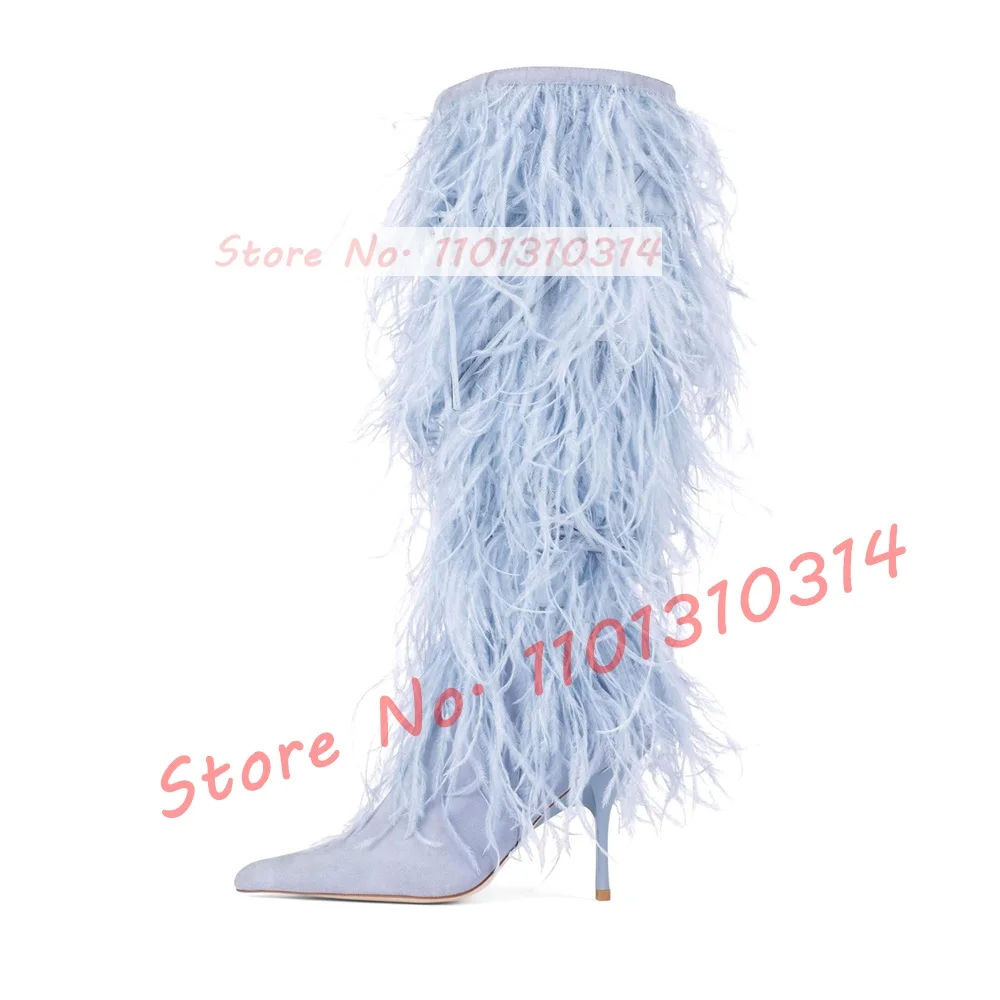 Женские сапоги до колена с бахромой и заостренным носком на высоком каблуке