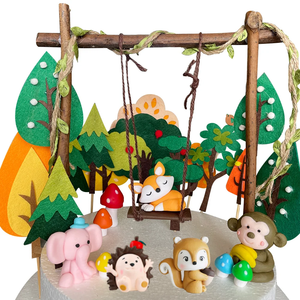 

Woodland Party Cake Topper Fox Birthday Decoration Children Wild One Baby Shower Supplies Swing Hedgehog Wooden Ladder Decor