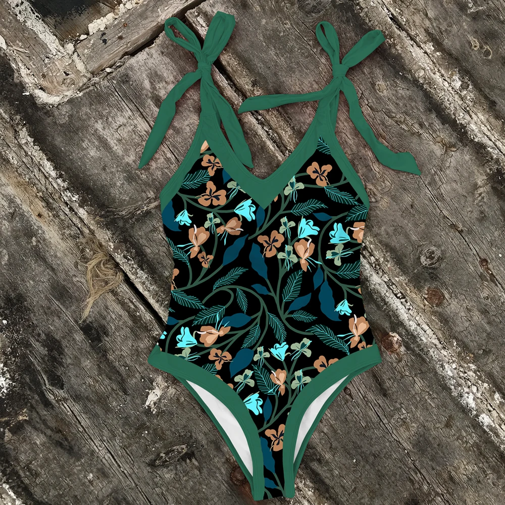 Слитный купальник с бантом и завязками на плечах абстрактным принтом монокини