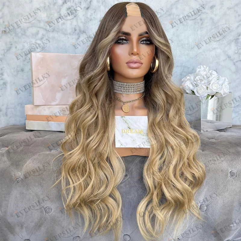 Ombre Golden Brown Body Wave 100% Remy Human Hair 1x4 Opening U Part Wigs Easy Install Glueless 250Density U Part Wigs for Women