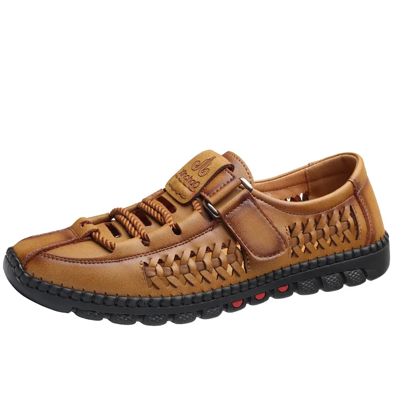 Men's Leather Sandals Hollow Platform Sandals 2021 Handmade Soft Sole Soft Top Male Shoes Non-slip Man Footwear Zapatos Hombre images - 6