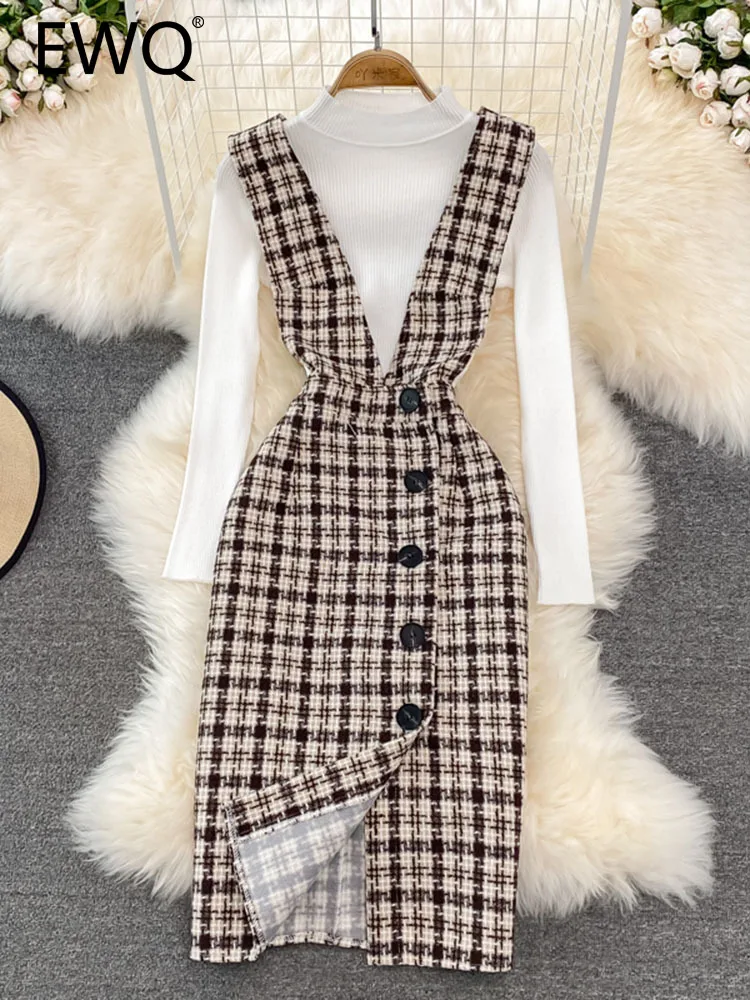 Женское шерстяное платье с разрезом высокой талией и пуговицами