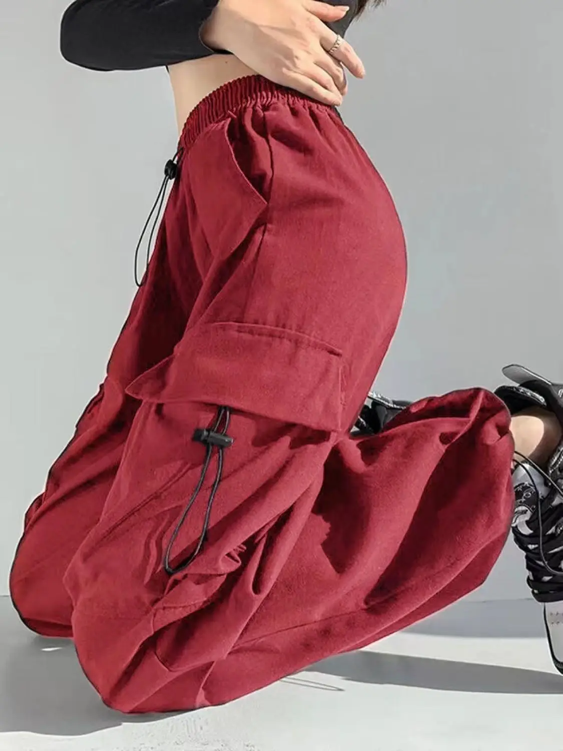 Spice Girl red cargo pants women's spring and summer new Korean version of slimming straight leg bunched foot sweatpants