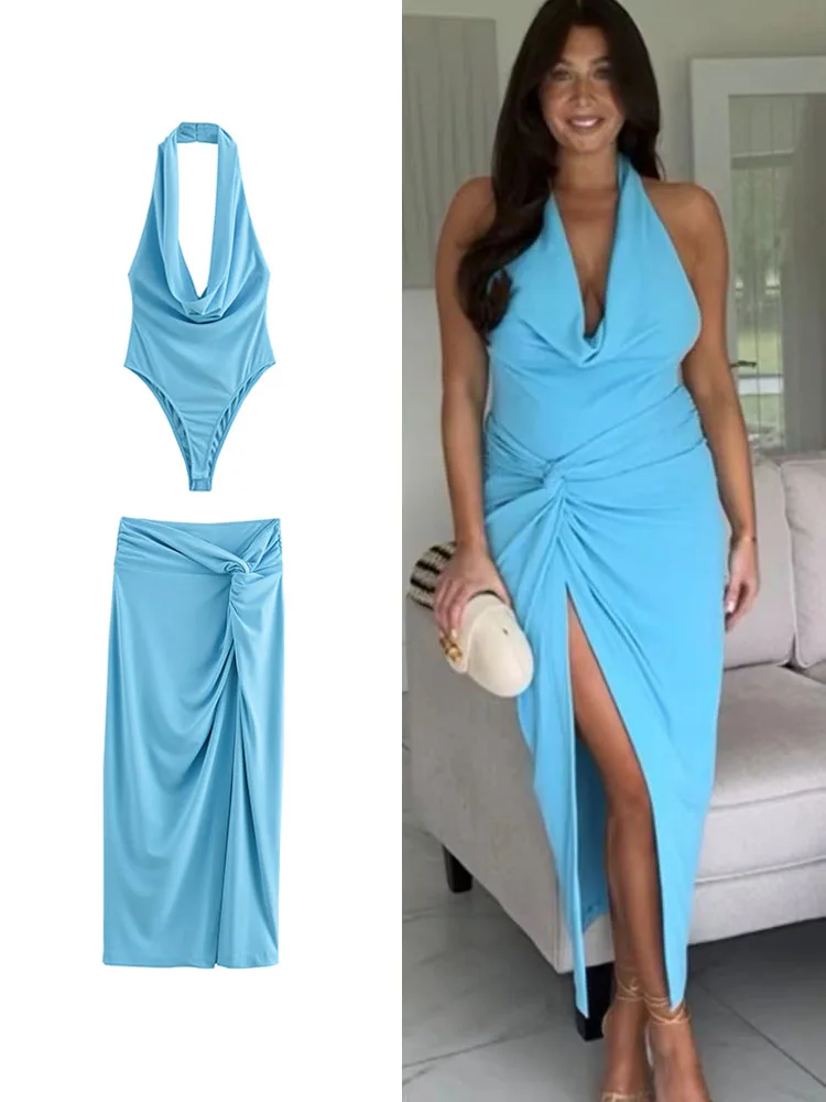 Женский элегантный костюм с лямкой на шее летний женский из блузки со складками и