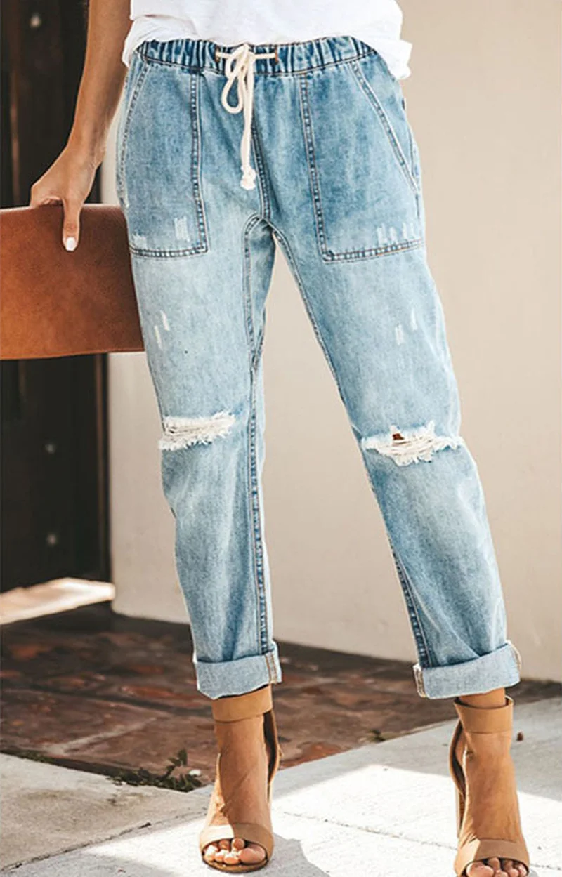 Women Elastic Waist Drawstring Stretch Denim Pants 2021 Distressed Jeans Joggers Korean Casual Female Pant Fashion Trousers Pop