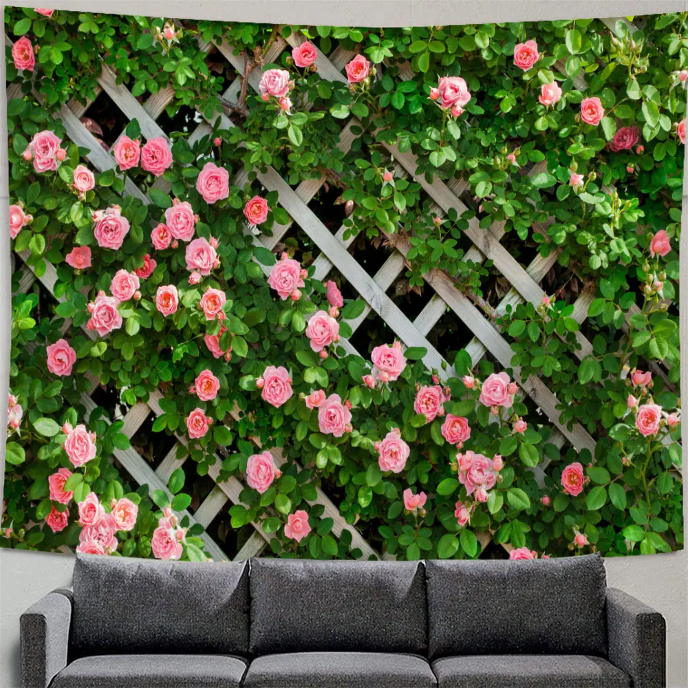 Beautiful Flowers Tapestry Retro Wood Fence Nature Pink Rose Plants Floral Wall Hanging Aesthetic Room Decor Background Cloth