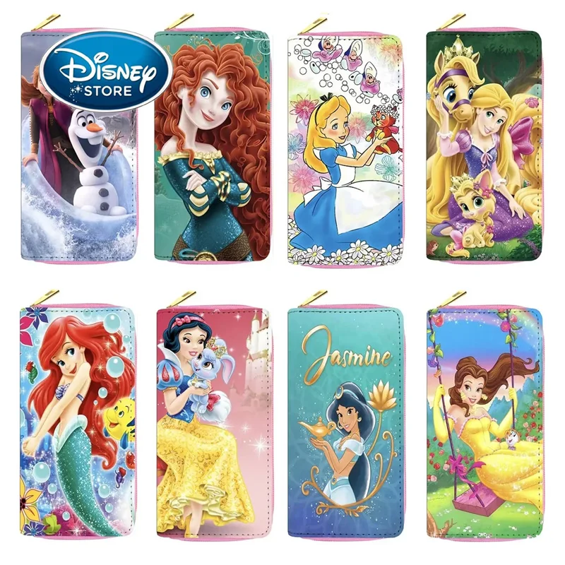 Disney Princess Wallet Cartoon Belle Alice Ariel Snow White Womens Blocking Leather Zip Around Wallet Long Purse Credit Card