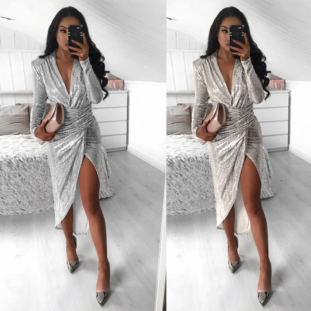 

European and American New Style for Autumn Winter Women V-Neck Long Sleeve Shiny Dinner Sexy Bag Hip Split Pleated Dress 2021