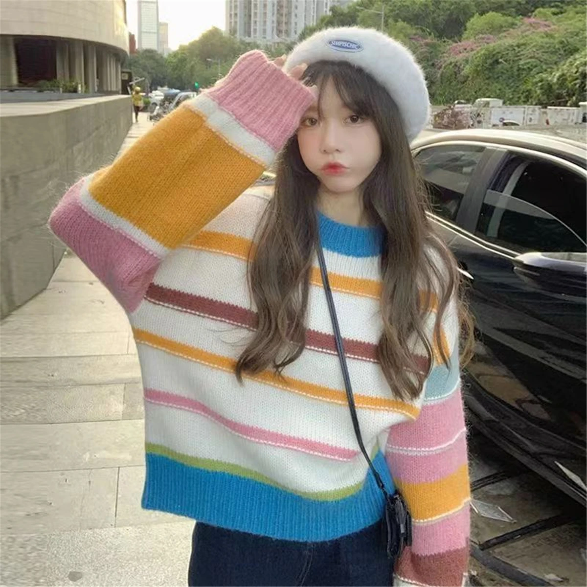 

Свитер Корейская одежда женский свободный пуловер осень Модный рукав Весна Ulzzang 2023 свитер женские длинные топы Топ Зимний Радужный