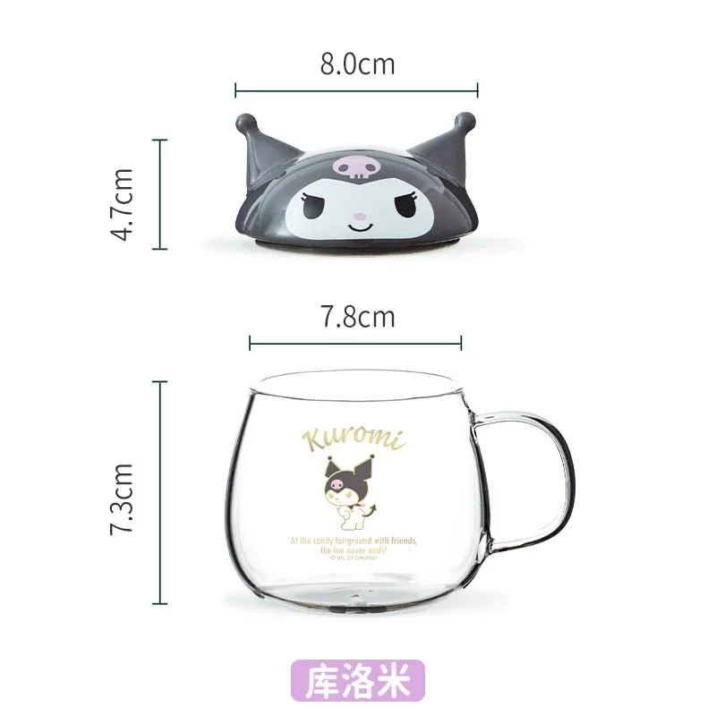 7.3cm Kawaii Sanrio Hello Kitty Cinnamoroll KEROPPI Cartoon Glass Drinking Cup with Lid Spoon Transparent Tea Home Milk Cup images - 6
