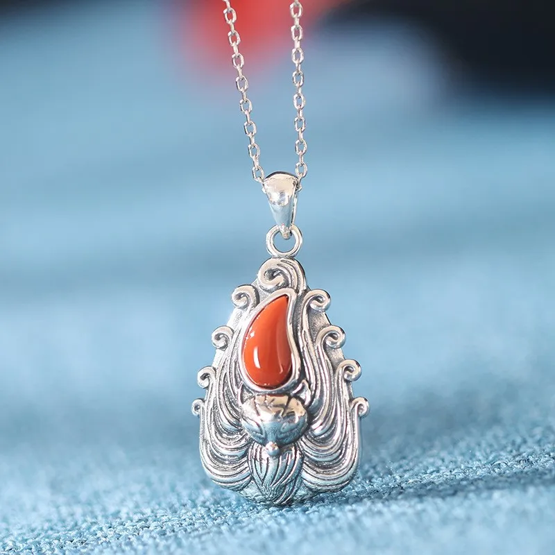 

XL478 ZFSILVER 925 Sterling Thai Silver Fashion Trend South Red Agate Nine-tailed Fox Necklace Pendant For Women Wedding Jewelry