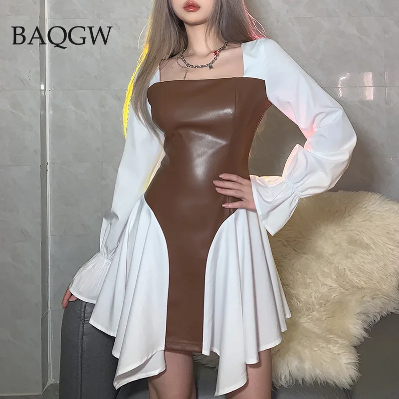 

Irregular Design PU Patchwork Dress for Women Spring Square Collar Elegant Mini Dress Color Block Puff Sleeve Party Club Vestido