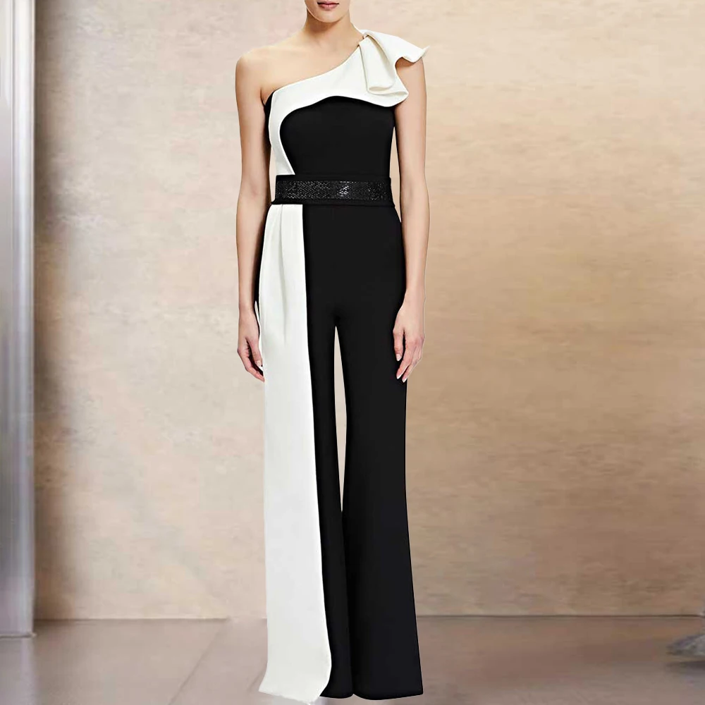 

Black and White Color-blocking One-shoulder Sleeveless Straight-leg Jumpsuit Ruffled High-waist Color-blocking Dress with Belt