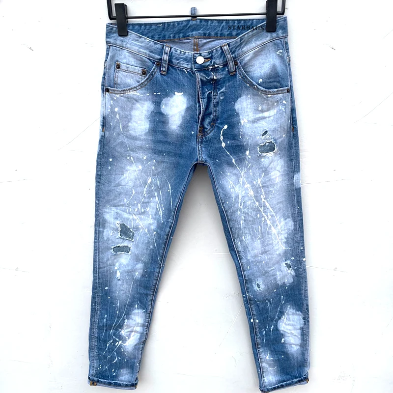 2023 New Starbags DSQ Men Ripped Holes Patch paint splash ink small feet light blue micro elastic slim jeans man