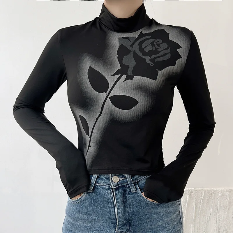 

Women Long Sleeves High Collar T-Shirt Sexy Slim Sport Tops Black Rose Print Gothic Streetwear Y2K Fashion Spice Girls Outfit