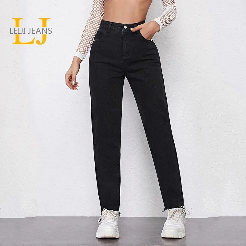 

LEIJIJEANS Black Women's Jeans Casual High Waist Jeans Curve Size 6XL Classical Denim Full Length Loose Straight Women Jeans