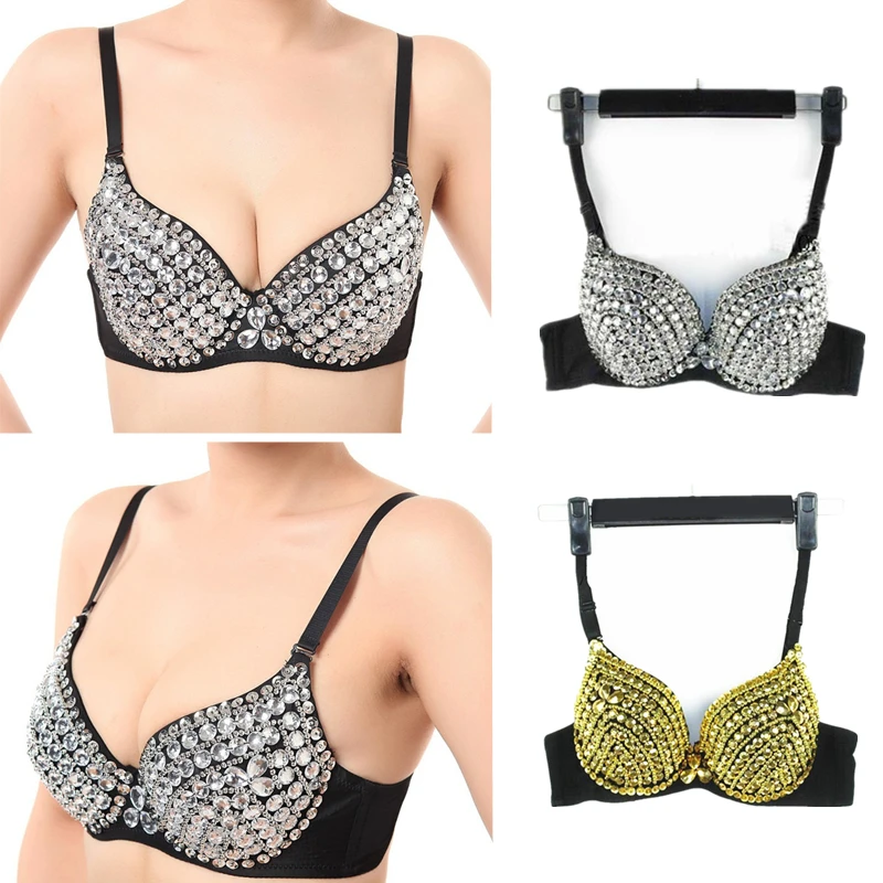 

Women High Quality Sexy Bra Push Up Luxury Rhinestone Sequined Bra Lady Silver/Gold Punk Studded Sponge Dance Bras