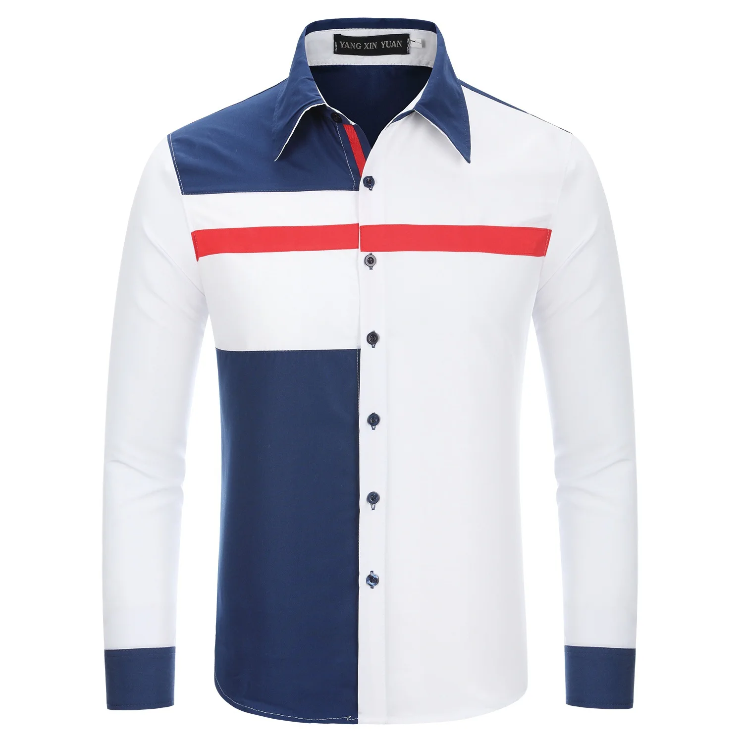 

2022 Men's Spring and Autumn New Three-Color Stitching Casual Slim Double Contrast Color Men's Long-Sleeved Shirt Korean Style