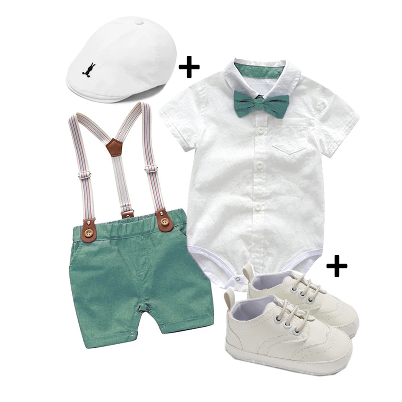 Baby Boy Clothes Set Green Bow  Romper + Suspender Shorts  Shoes  Hat 4pcs  Infant  for Birthday Wedding Party