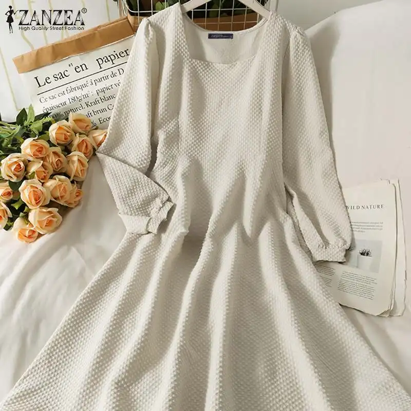 

Женское богемное платье миди ZANZEA, повседневное однотонное платье-трапеция большого размера с длинным рукавом, весна-осень 2022