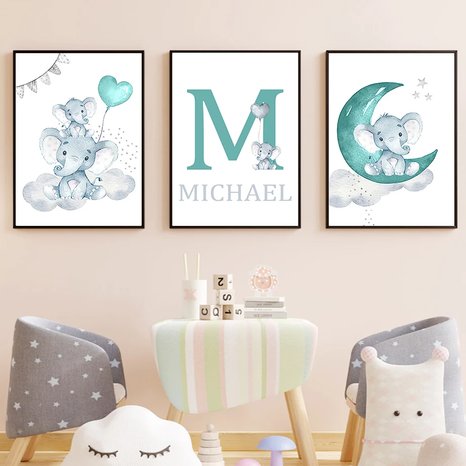 

Elephant Name Custom Hot Air Balloon Cloud Wall Art Canvas Painting Nordic Posters And Prints Wall Pictures Baby Kids Room Decor