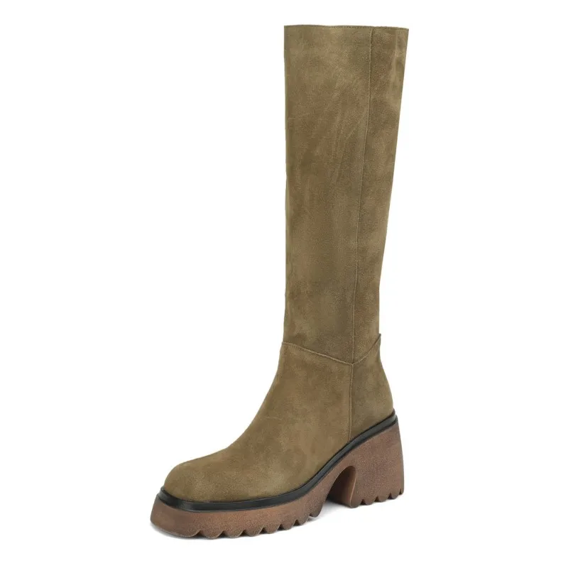 

Замшевые ботинки из коровьей кожи на толстом высоком каблуке, зимние ботинки для верховой езды, уличная мода, классические черные ботинки до бедра