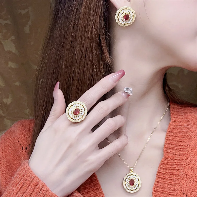 

High-quality color jewelry ruby diamond three-piece earrings necklace ring feminine elegant palace style