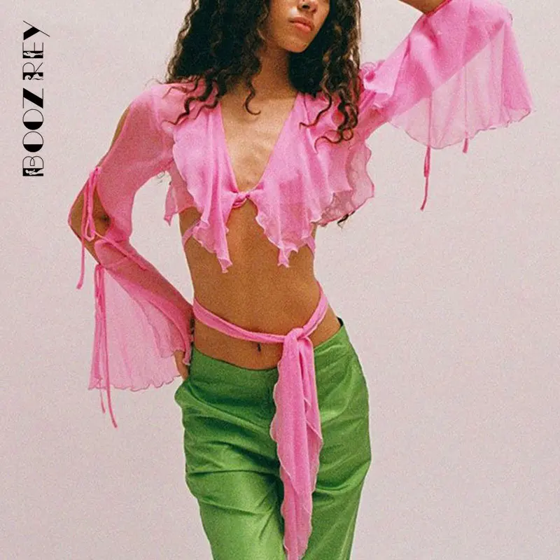 

BoozRey Fashion Sexy Crop Top Women Blouse Pure Color Slim Fit Bandage Short Sleeve Shirt Pink Chiffon Shirt with Exposed Navel