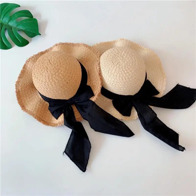 

Summer Girls Caps Black Ribbon Decorate Wavy Straw Hat For Girls Children Panama Hat Kids Sun Cap Baby Beach Hats