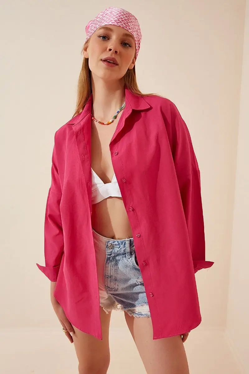 

Women's dark pink Oversize long Basic shirt Summer Fashion Women Shirts