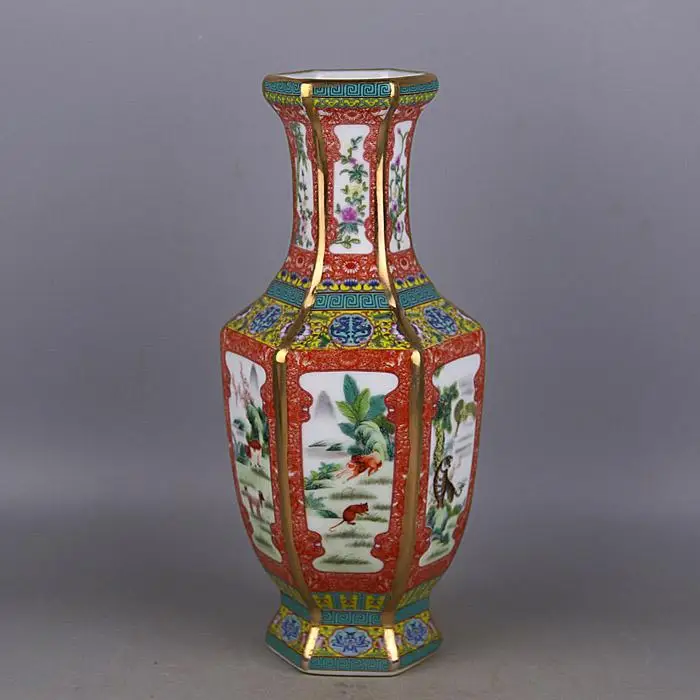

Hexagonal Vase Enamel Twelve Zodiac Pictures Qianlong of Qing Dynasty as Ornaments for Collection of Antique Porcelain in Old I