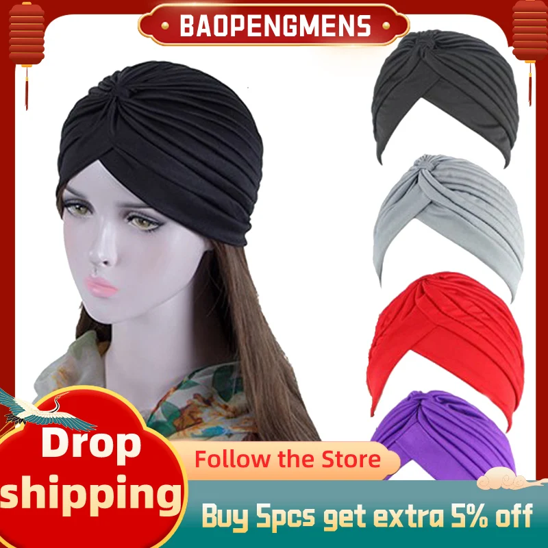 

Stretchy Turban For Women Muslim Hat Fashion Solid Color Headband Ruffles Chemotherapy Hijab Casual Female Knotted Indian Cap