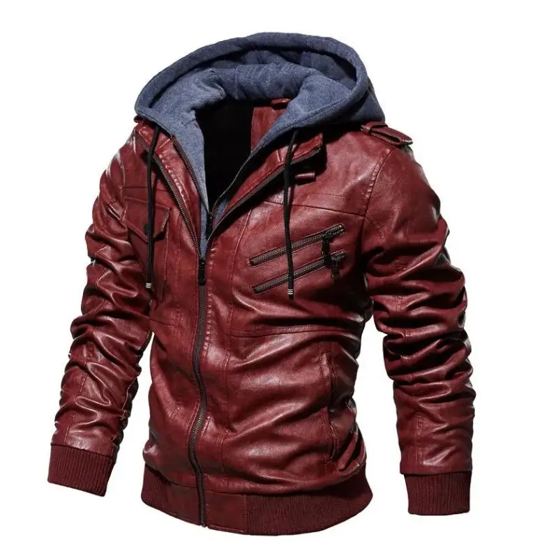 Men's PU Leather Jacket Autumn and Winter Plush Fleece Hoode