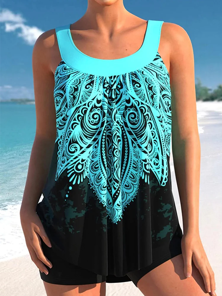 

Tribal Print Cyan Wide Strap Shirts Tankini Set Sexy Casual Printed Sleeveless Round Neck Summer Fashion Loose Two Piece Set