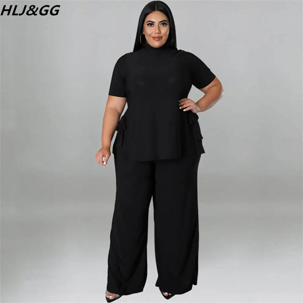 HLJ&GG Casual Plus Size Women Clothing XL-5XL Women Round Neck Short Sleeve Side Bandage Top And Wide Leg Pants Two Piece Sets