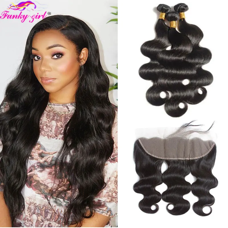 Body Wave Human Hair Bundles With Frontal Brazilian Wavy Remy Hair Bundles With Closure 13x4 HD Transparent Frontal With Bundles