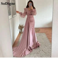 sodigne pink long sleeveless mermaid night party dresses sparkly pleat long satin celebrity dress evening gowns