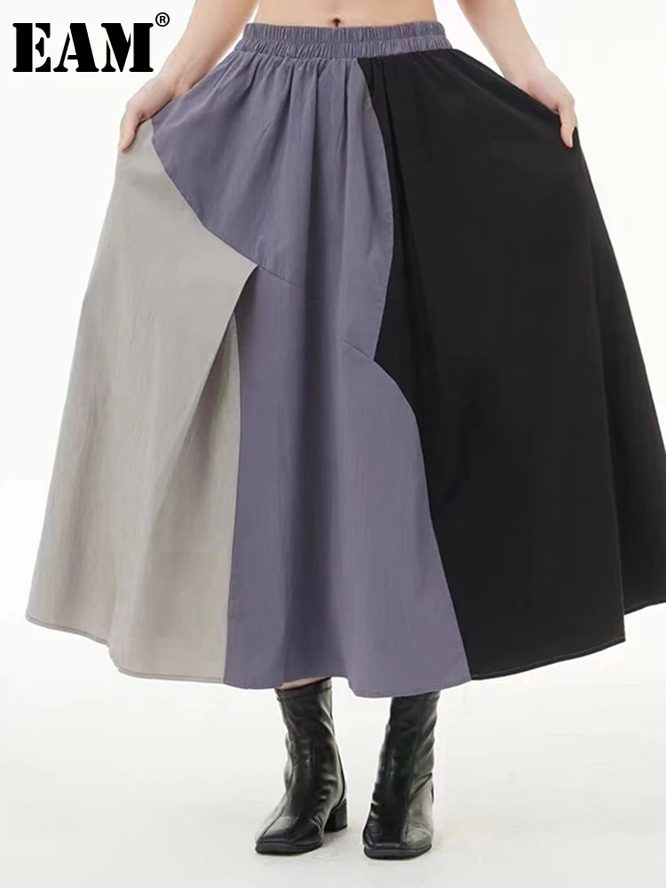 

[EAM] High Elastic Waist Gray Color-block Casual Long A-line Half-body Skirt Women Fashion Tide New Spring Autumn 2022 1DE8397